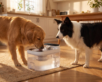 Deux chiens partagent la fontaine Pura dans une cuisine