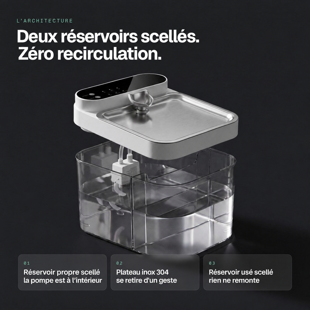 Deux réservoirs scellés, zéro recirculation