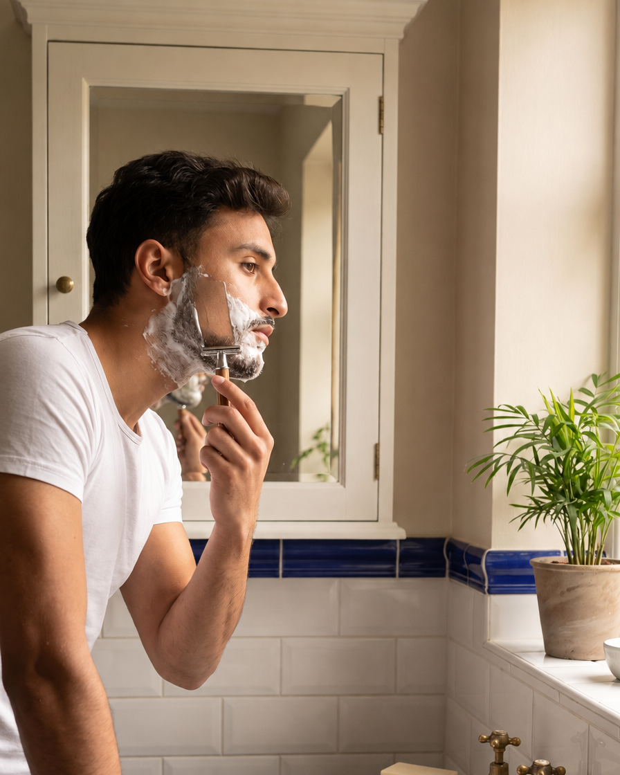 Homme se rasant avec le rasoir Héritage devant le miroir